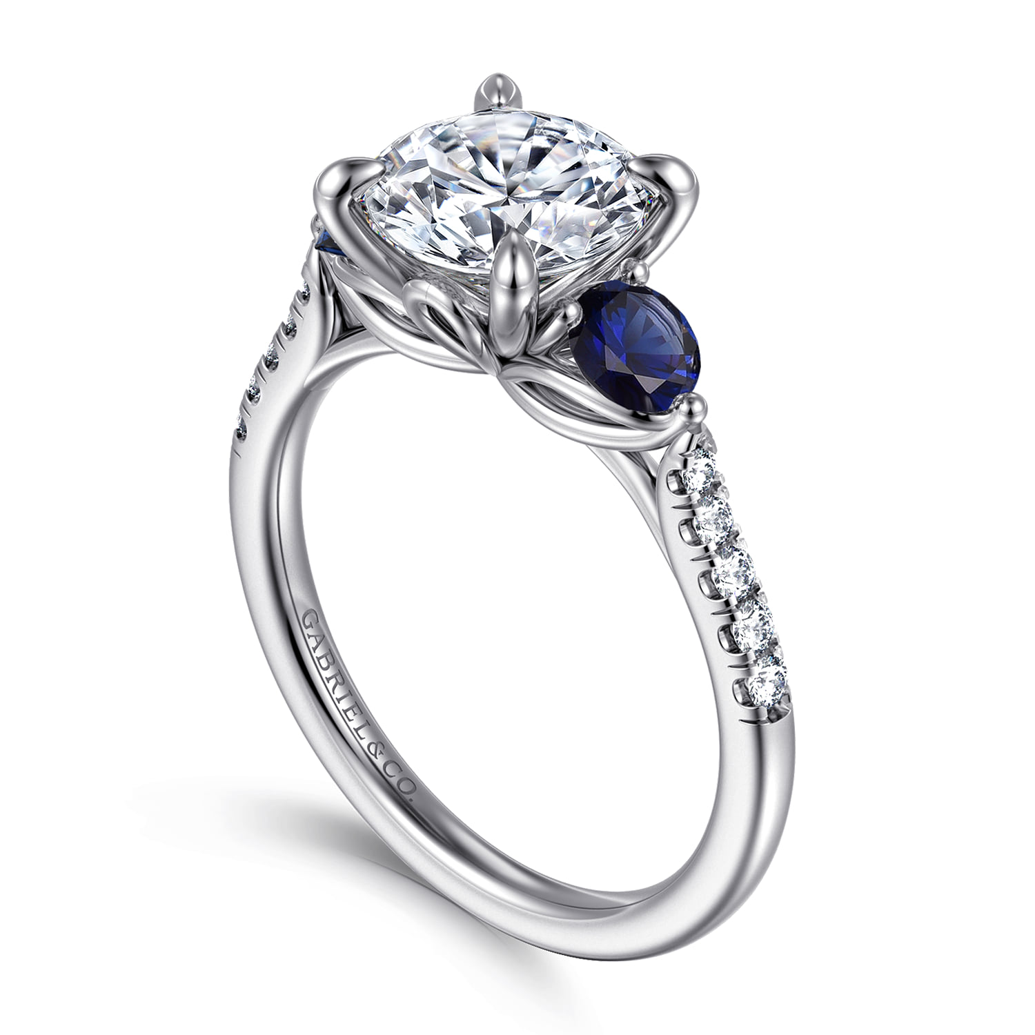 Round Three Stone Lotus Diamond and A Quality Sapphire Engagement Ring in 14K White Gold, photograph 3