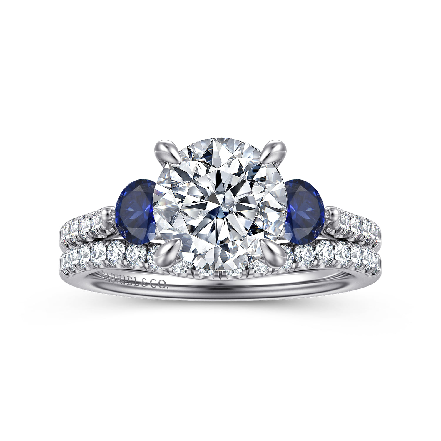 Round Three Stone Lotus Diamond and A Quality Sapphire Engagement Ring in 14K White Gold, photograph 4
