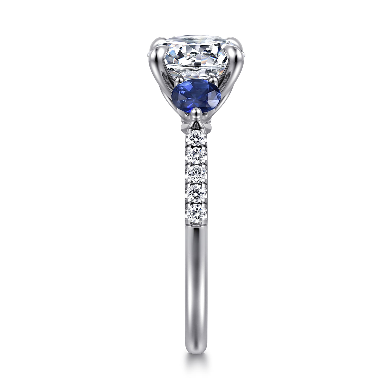 Round Three Stone Lotus Diamond and A Quality Sapphire Engagement Ring in 14K White Gold, photograph 5