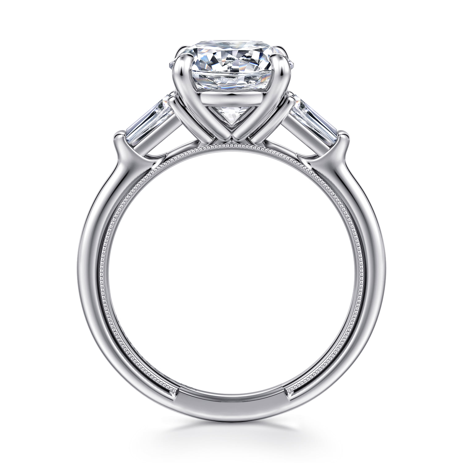 Round Three Stone Diamond Engagement Ring in 14K White Gold, photograph 2