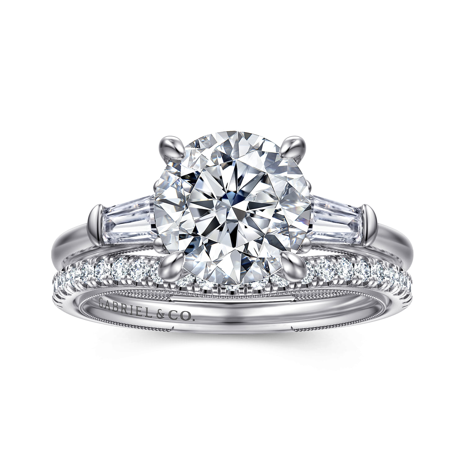 Round Three Stone Diamond Engagement Ring in 14K White Gold, photograph 4