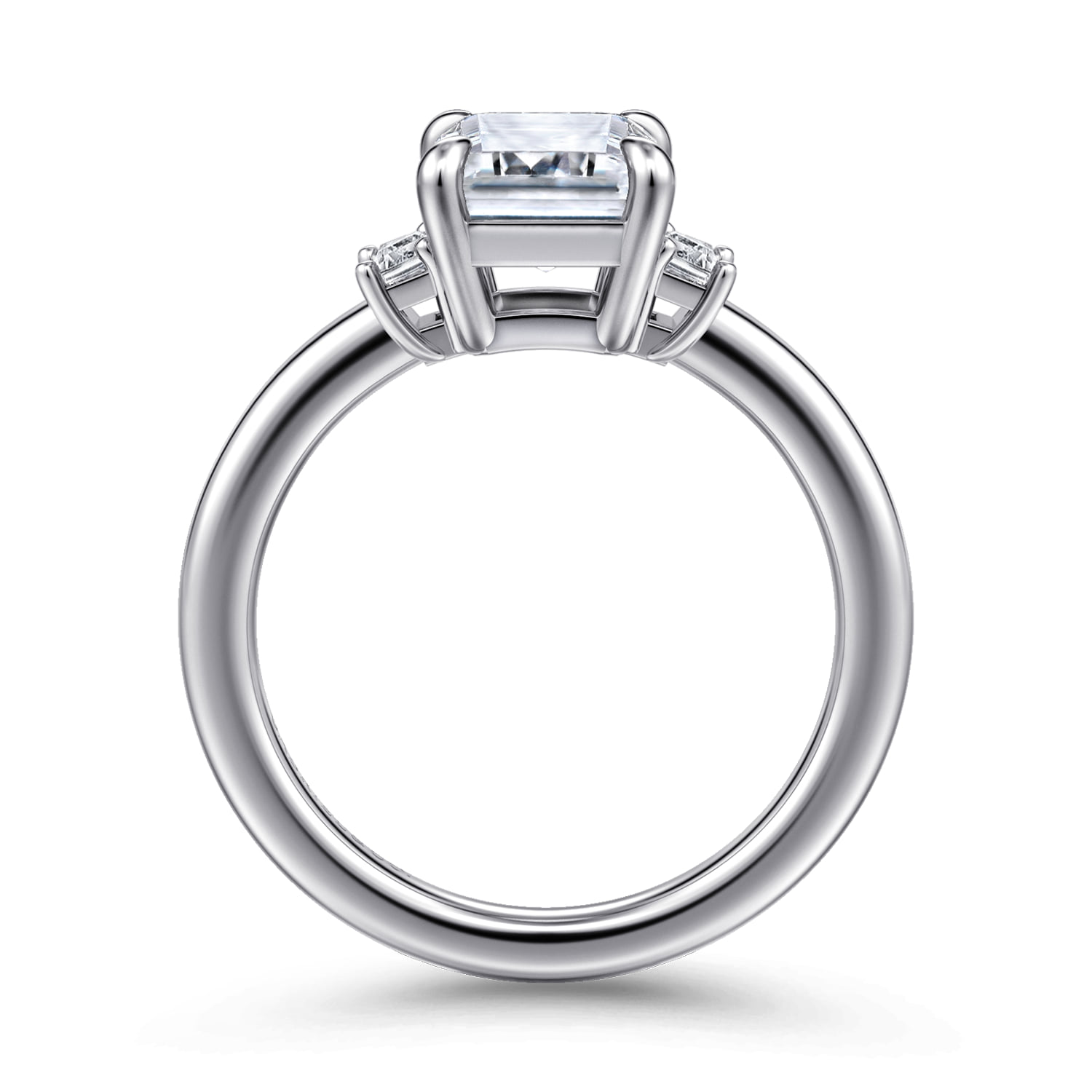 Emerald Three Stone Diamond Engagement Ring in 14K White Gold, photograph 2