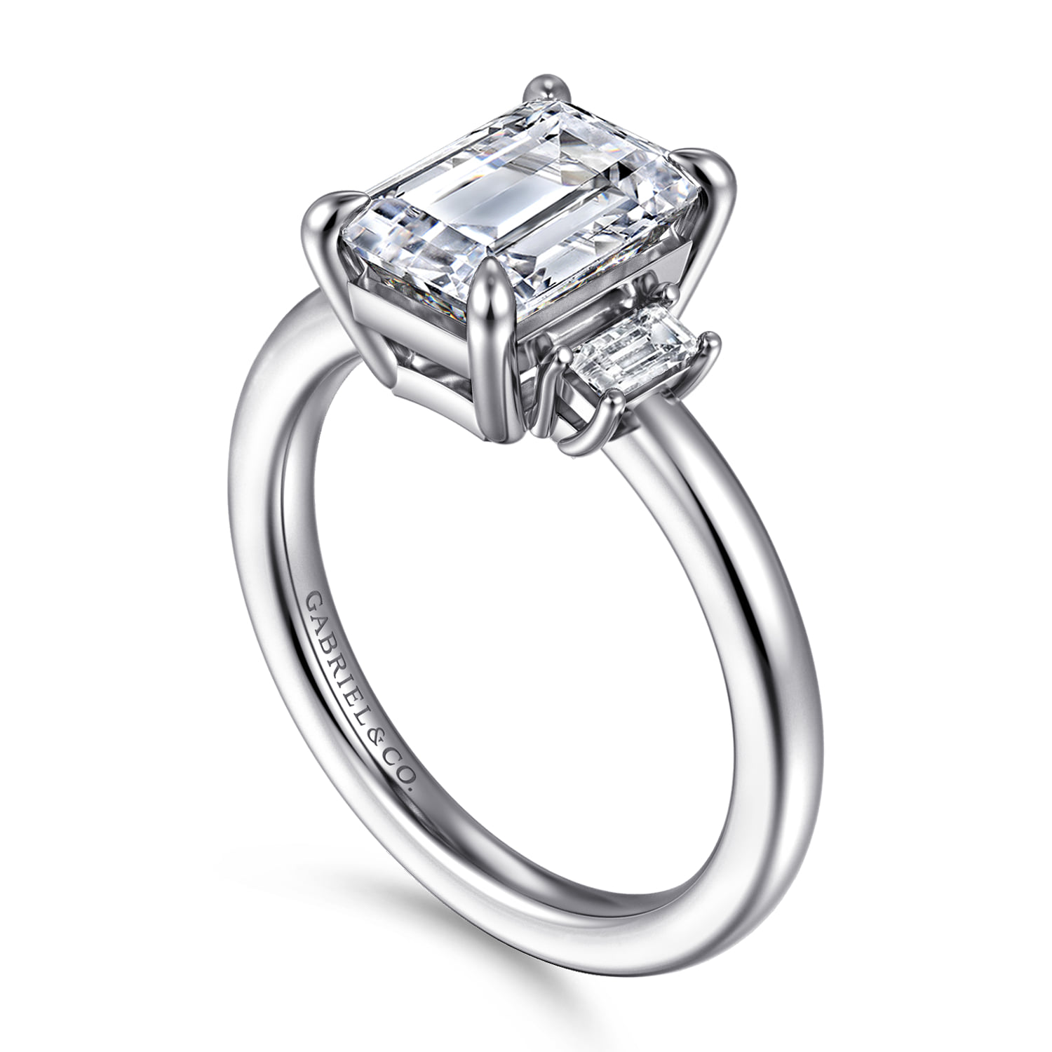 Emerald Three Stone Diamond Engagement Ring in 14K White Gold, photograph 3