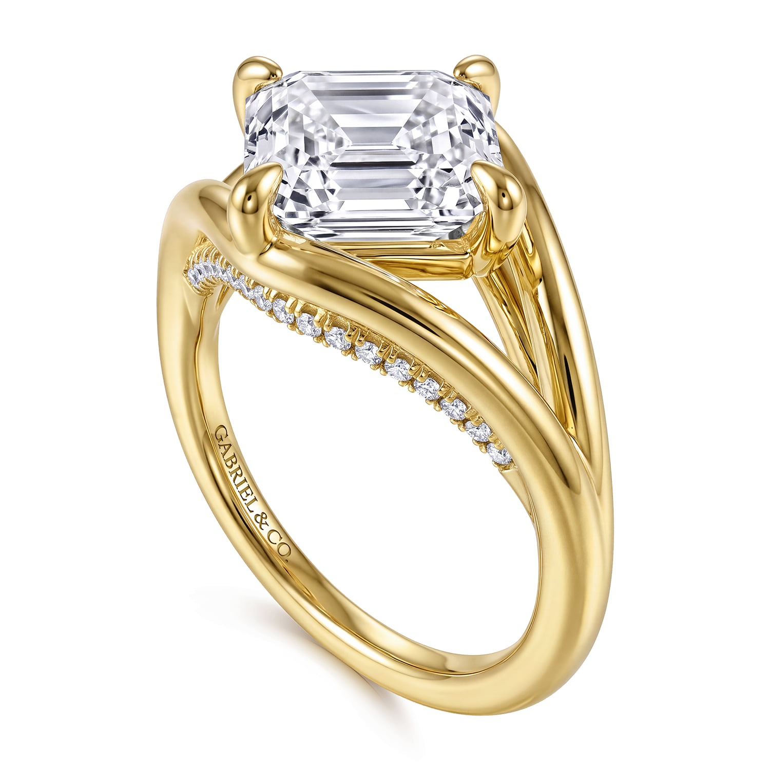 Asscher Split Foundation Compass Prong Diamond Engagement Ring in 14K Yellow Gold, photograph 3