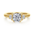 Colleen - 14K Yellow Gold Half Bezel Cushion Cut Three Stone Diamond Engagement Ring