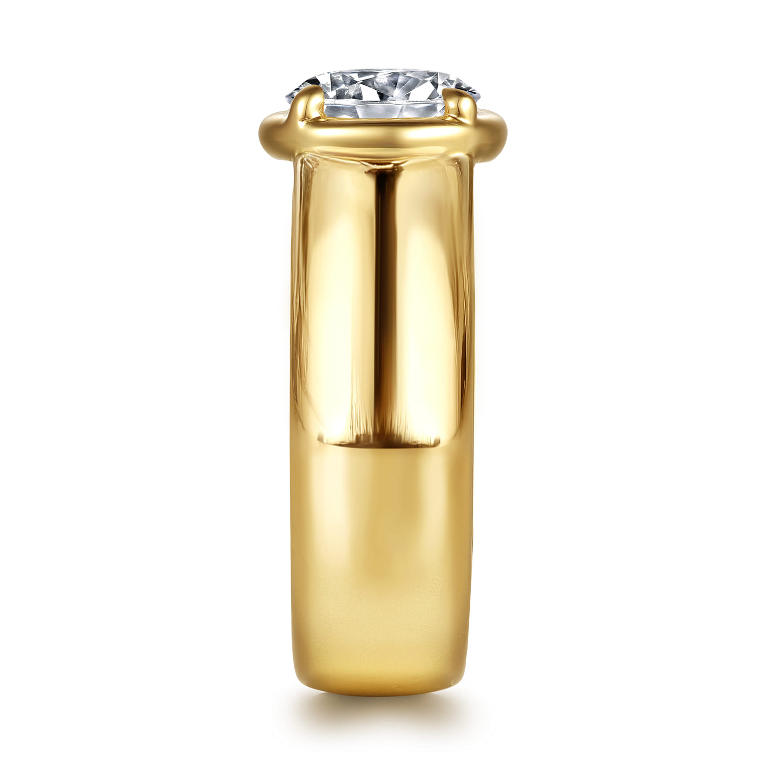 Round Bezel Prong Wide Band Diamond Engagement Ring in 14K Yellow Gold, photograph 5