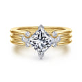 Editta - 14K White-Yellow Gold Compass Prong Emerald Cut Diamond Engagement Ring
