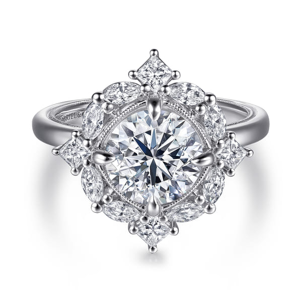 14K White Gold Compass Prong Round Halo Diamond Engagement Ring