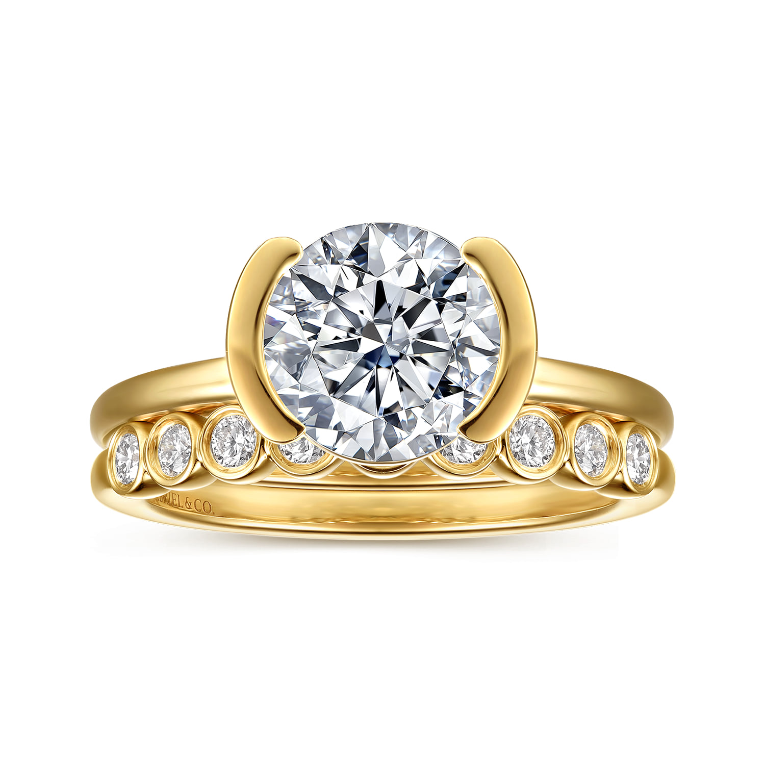 Round Half Bezel Solitaire Diamond Engagement Ring in 14K Yellow Gold, photograph 4