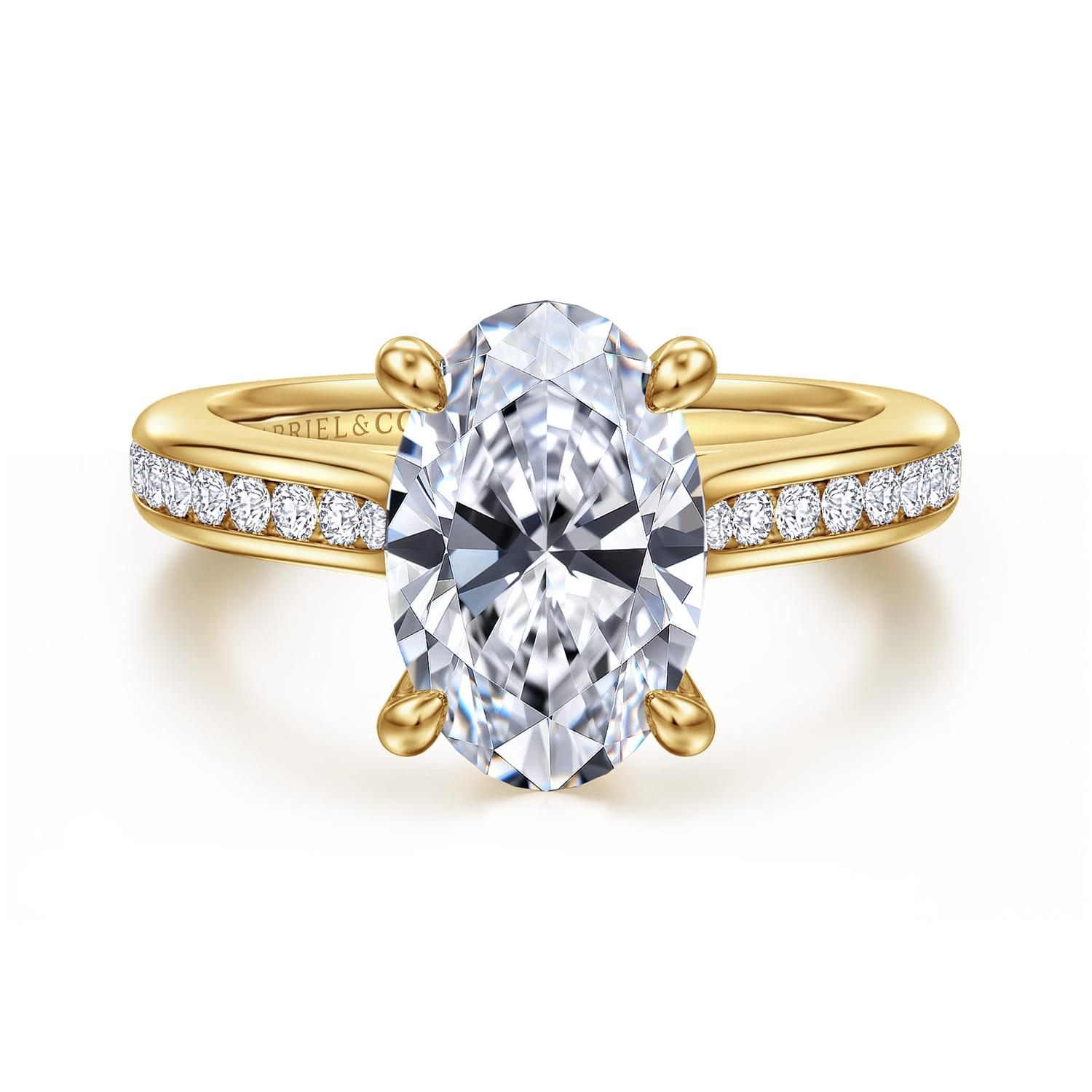 Oval Channel Set Cathedral Diamond Engagement Ring in 14K Yellow Gold