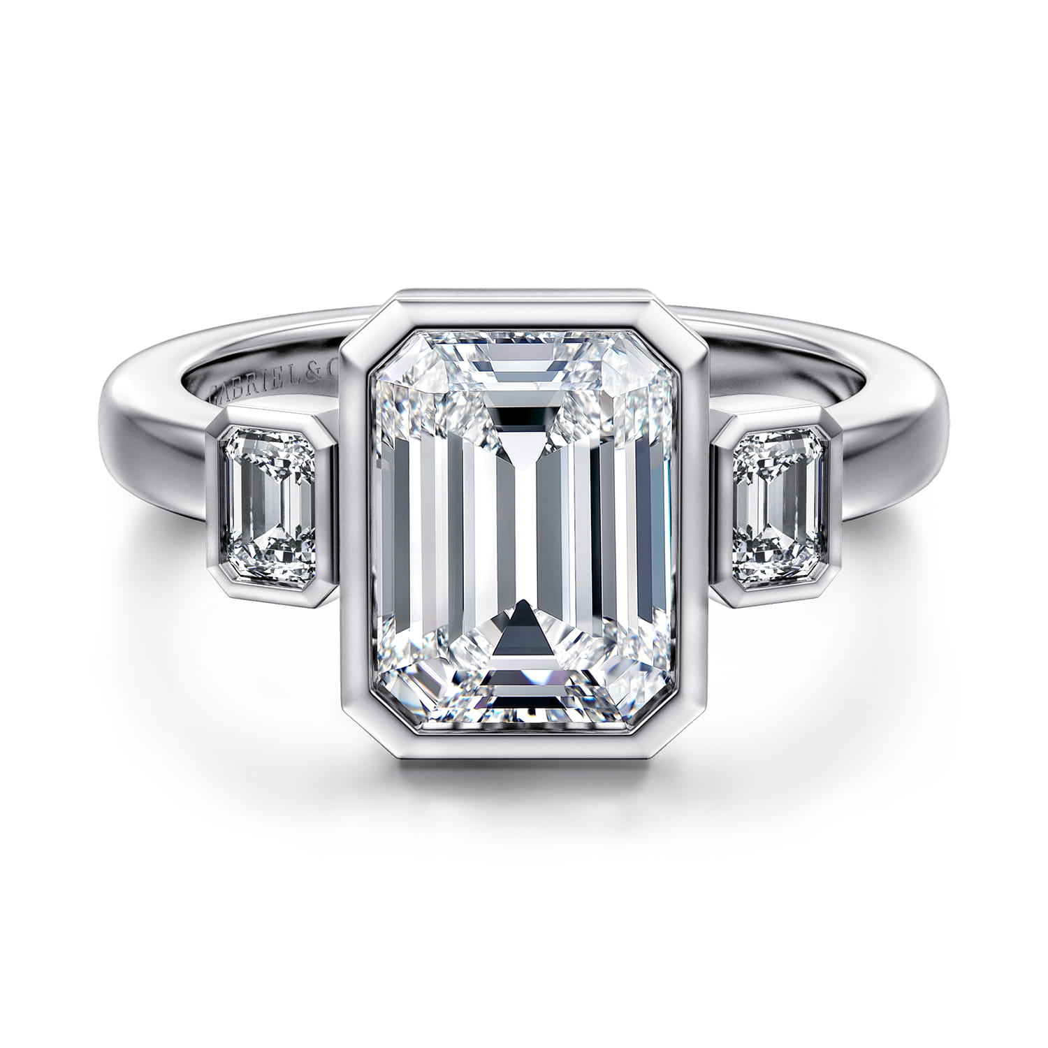 Emerald Three Stone Diamond Engagement Ring in 14K White Gold