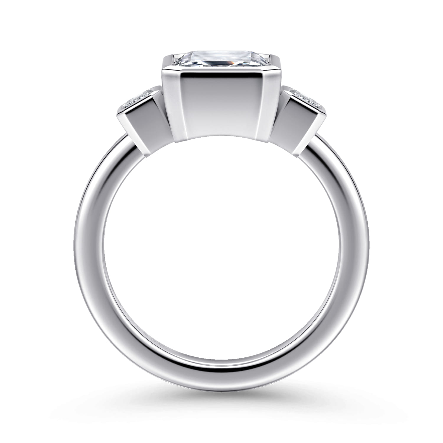Emerald Three Stone Diamond Engagement Ring in 14K White Gold, photograph 2