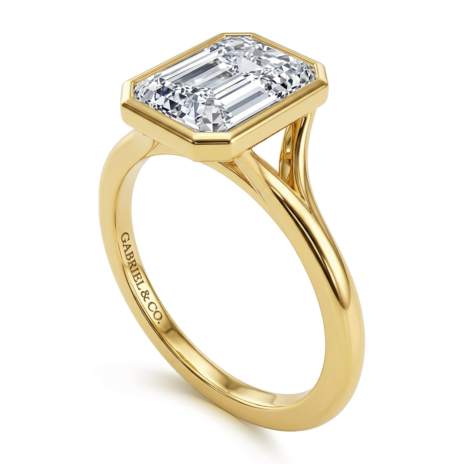 Emerald Bezel Set Solitaire Diamond Engagement Ring in 14K Yellow Gold, photograph 3