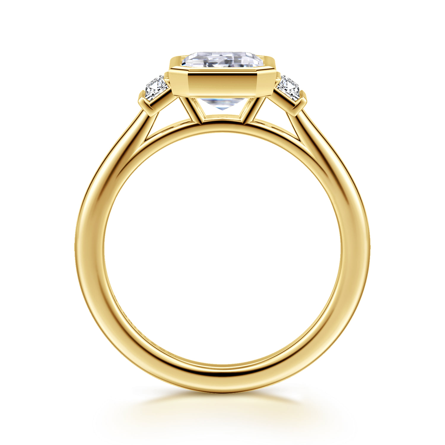 Emerald Three Stone Bezel Set Diamond Engagement Ring in 14K Yellow Gold, photograph 2