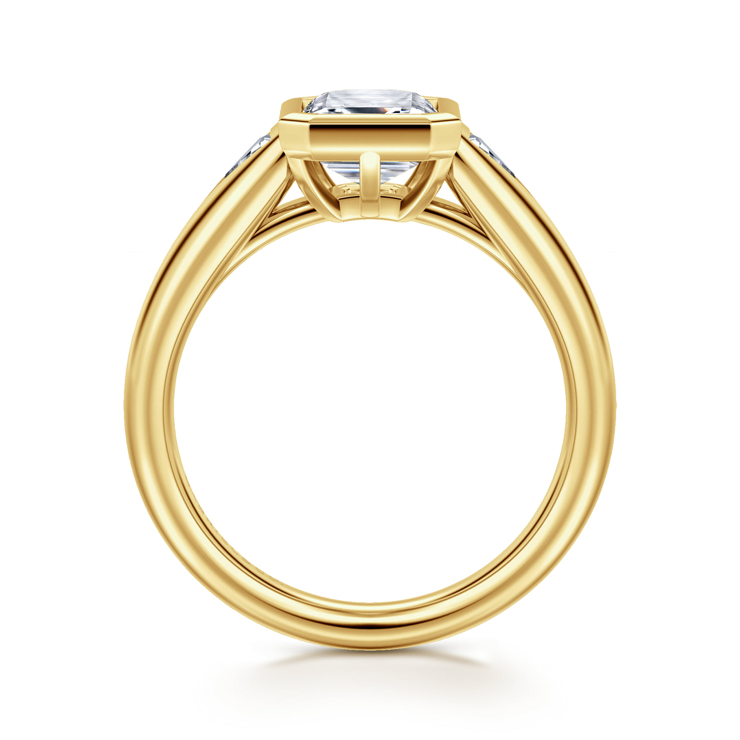 Emerald Three Stone Bezel Set Diamond Engagement Ring in 14K Yellow Gold, photograph 2
