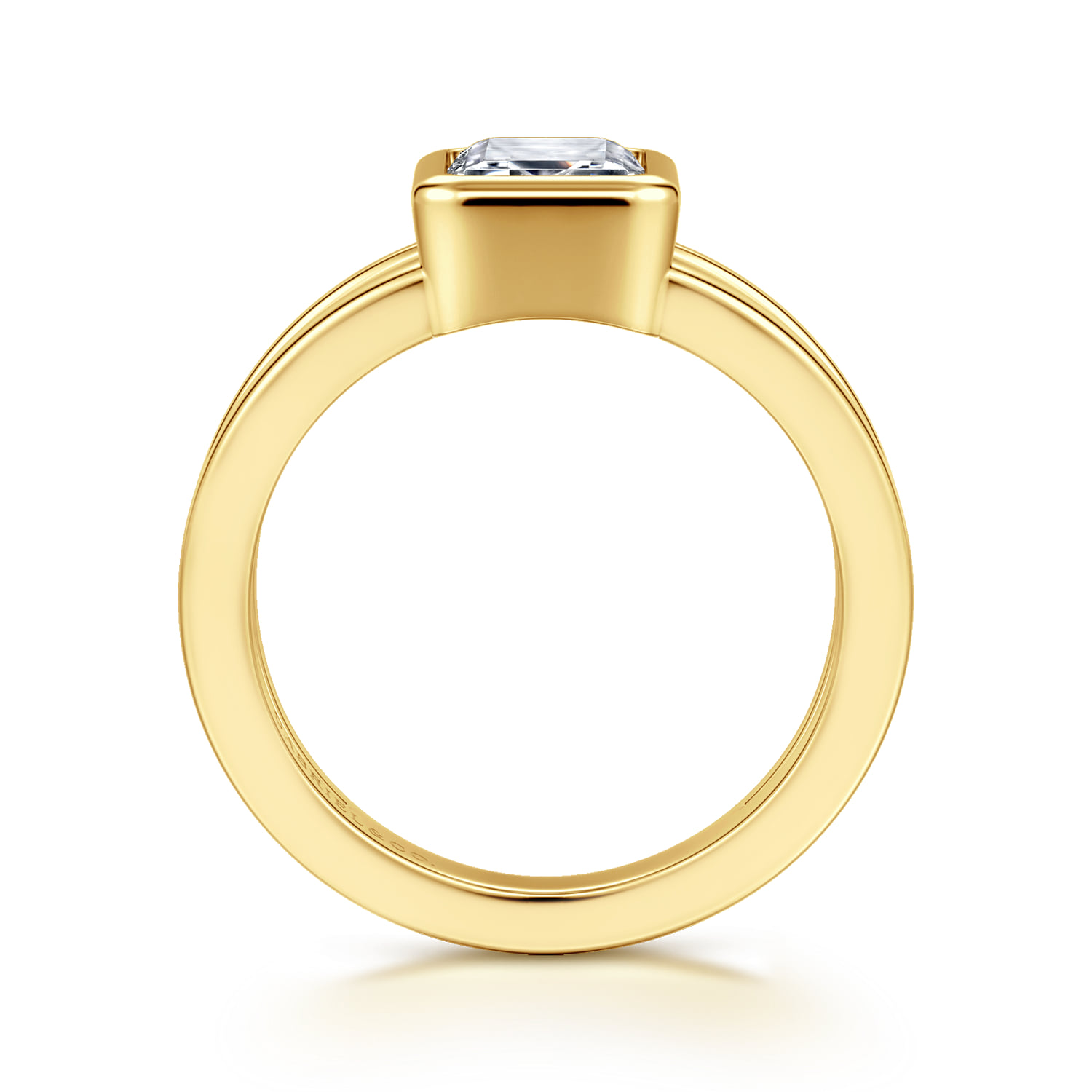 Emerald Split Foundation Bezel Solitaire Diamond Engagement Ring in 14K Yellow Gold, photograph 2