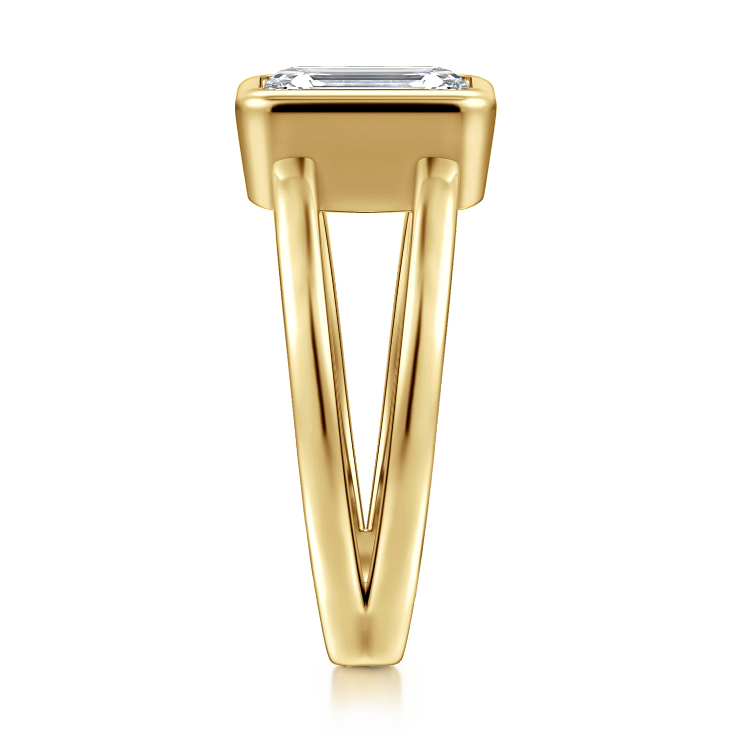 Emerald Split Foundation Bezel Solitaire Diamond Engagement Ring in 14K Yellow Gold, photograph 4