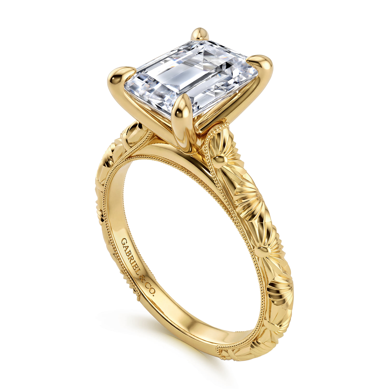 Emerald Solitaire Diamond Engagement Ring in 14K Yellow Gold, photograph 3