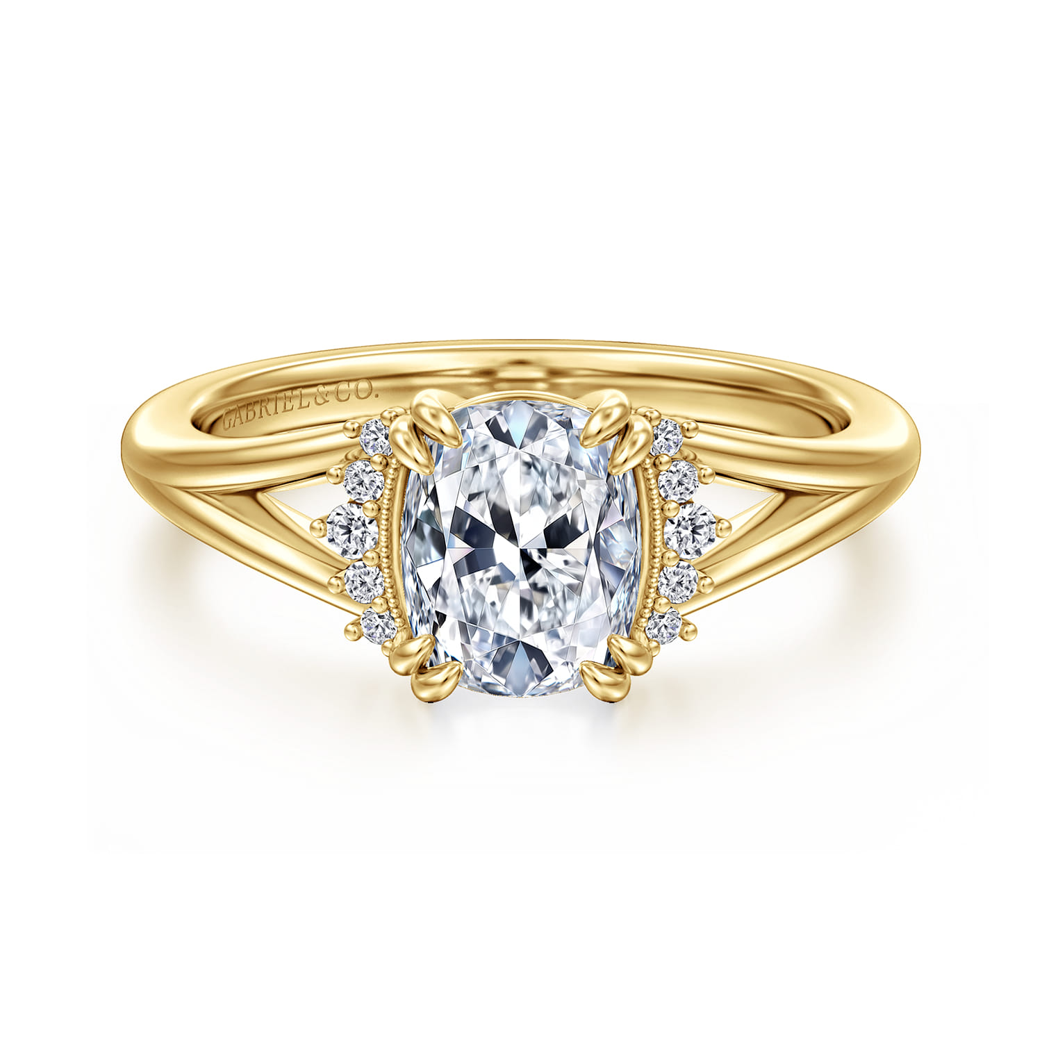 Elongated Cushion Split Foundation Diamond Engagement Ring in 14K Yellow Gold