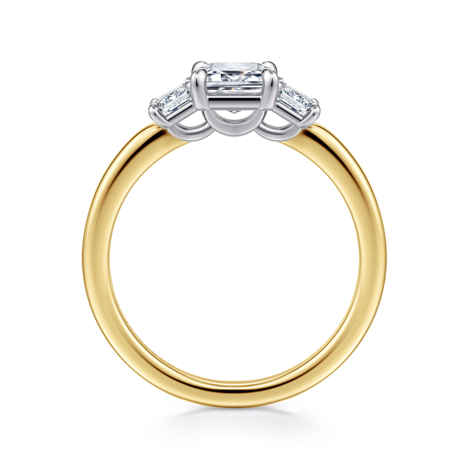 Emerald Three Stone Diamond Engagement Ring in 14K White/Yellow Gold, photograph 2