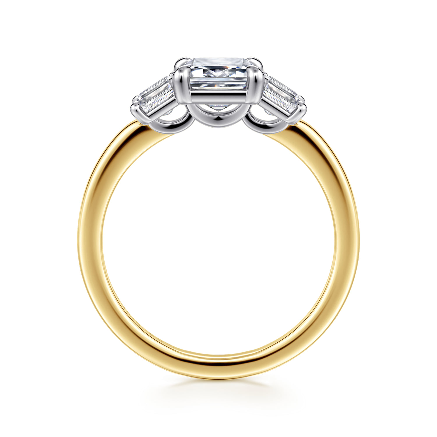 Emerald Three Stone Diamond Engagement Ring in 14K White/Yellow Gold, photograph 2