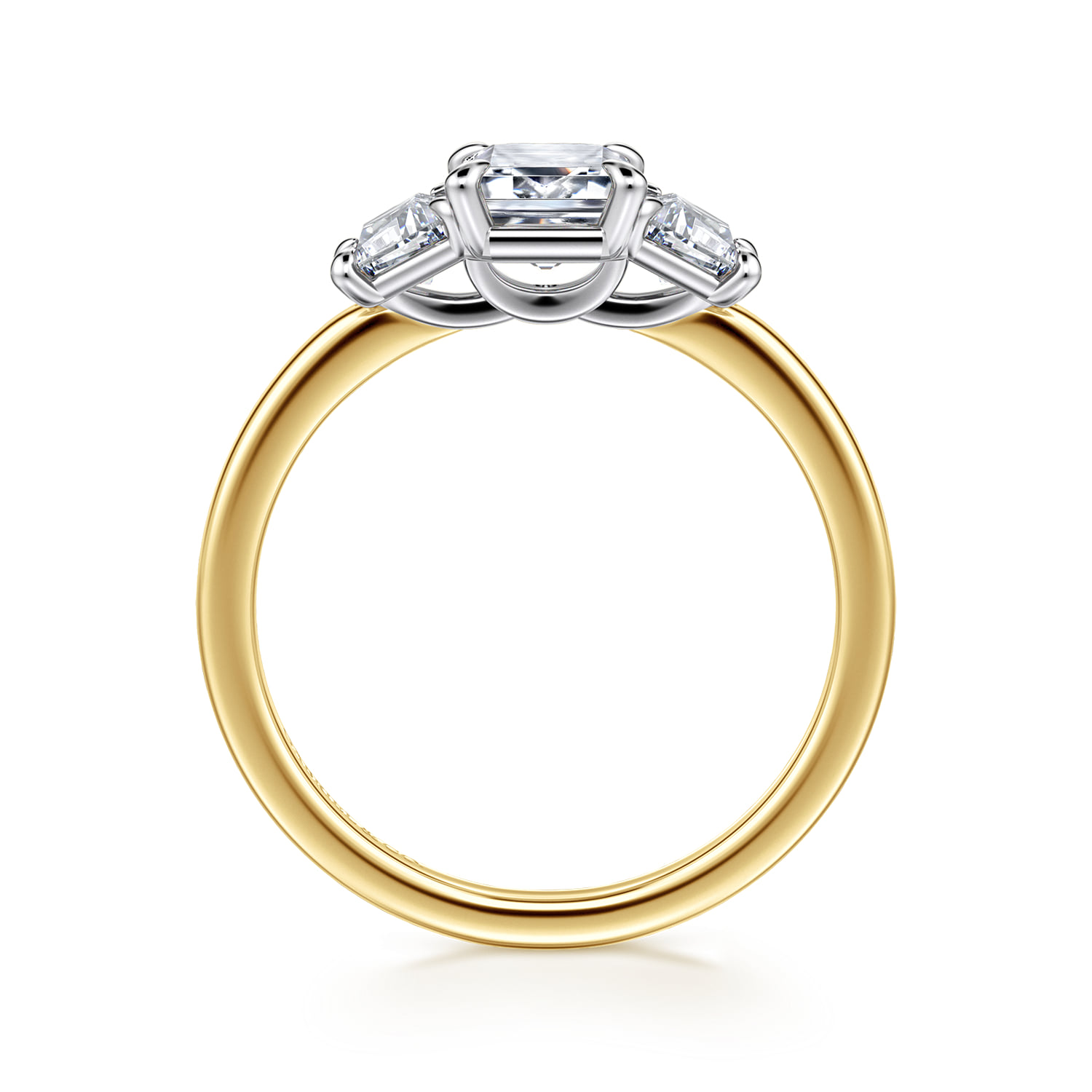 Emerald Three Stone Diamond Engagement Ring in 14K White/Yellow Gold, photograph 2