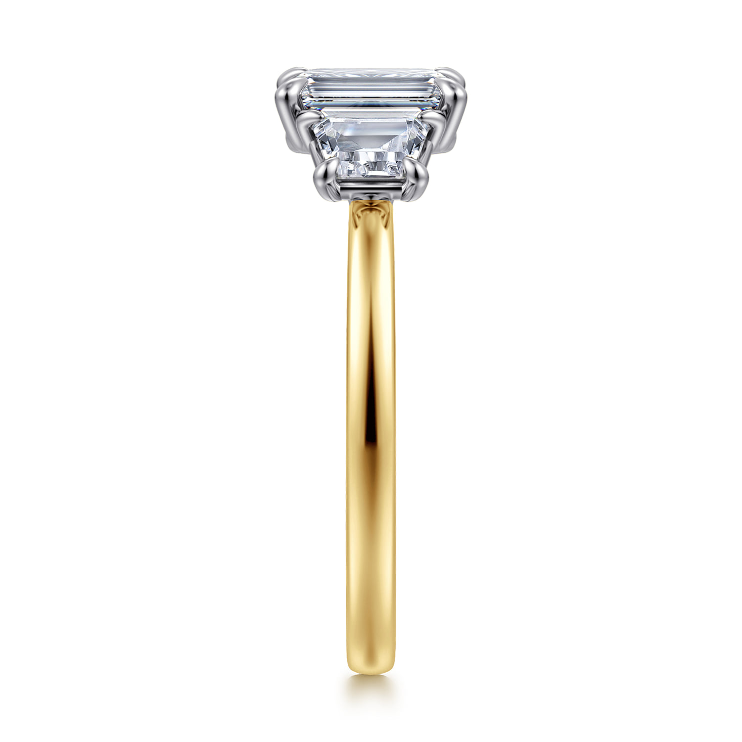 Emerald Three Stone Diamond Engagement Ring in 14K White/Yellow Gold, photograph 4