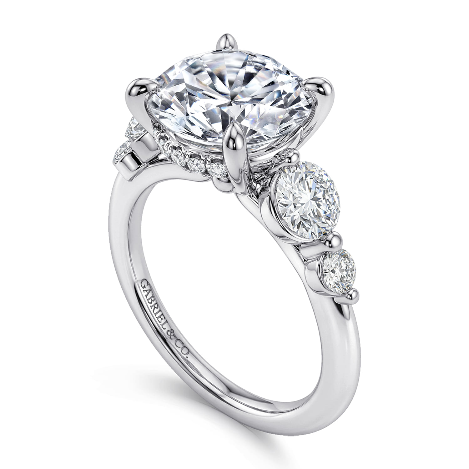 Round Three Stone Diamond Engagement Ring in 14K White Gold, photograph 3