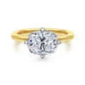 Lou - 14K White-Yellow Gold East West Elongated Cushion Compass Prong Solitaire Diamond Engagement Ring