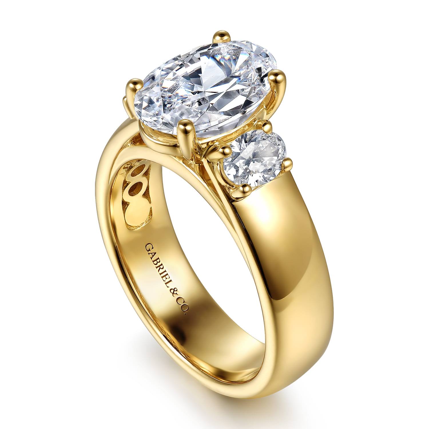 Oval Vintage Inspired Three Stone Diamond Engagement Ring in 14K Yellow Gold, photograph 3