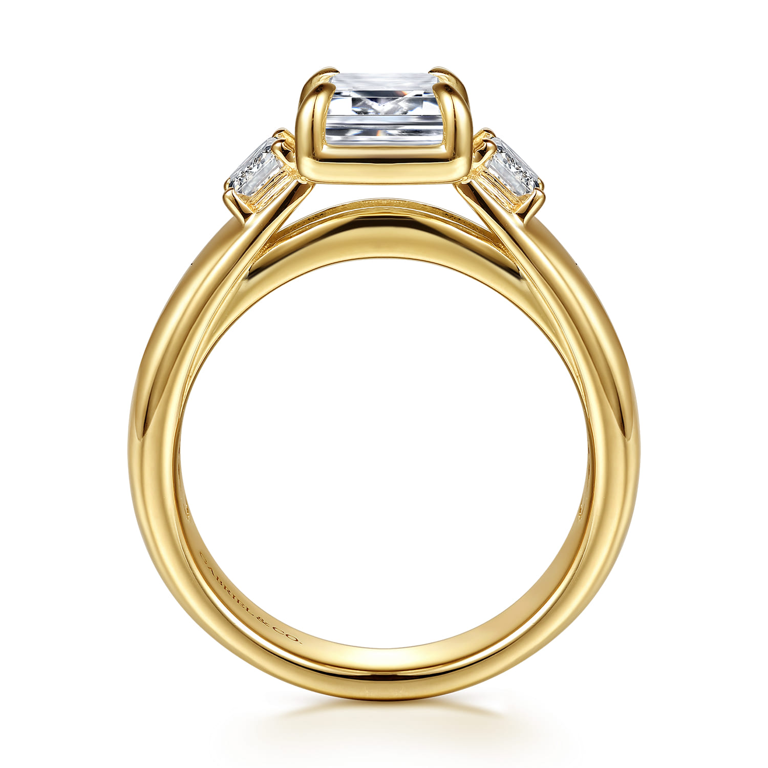 Emerald Three Stone Diamond Engagement Ring in 14K Yellow Gold, photograph 2