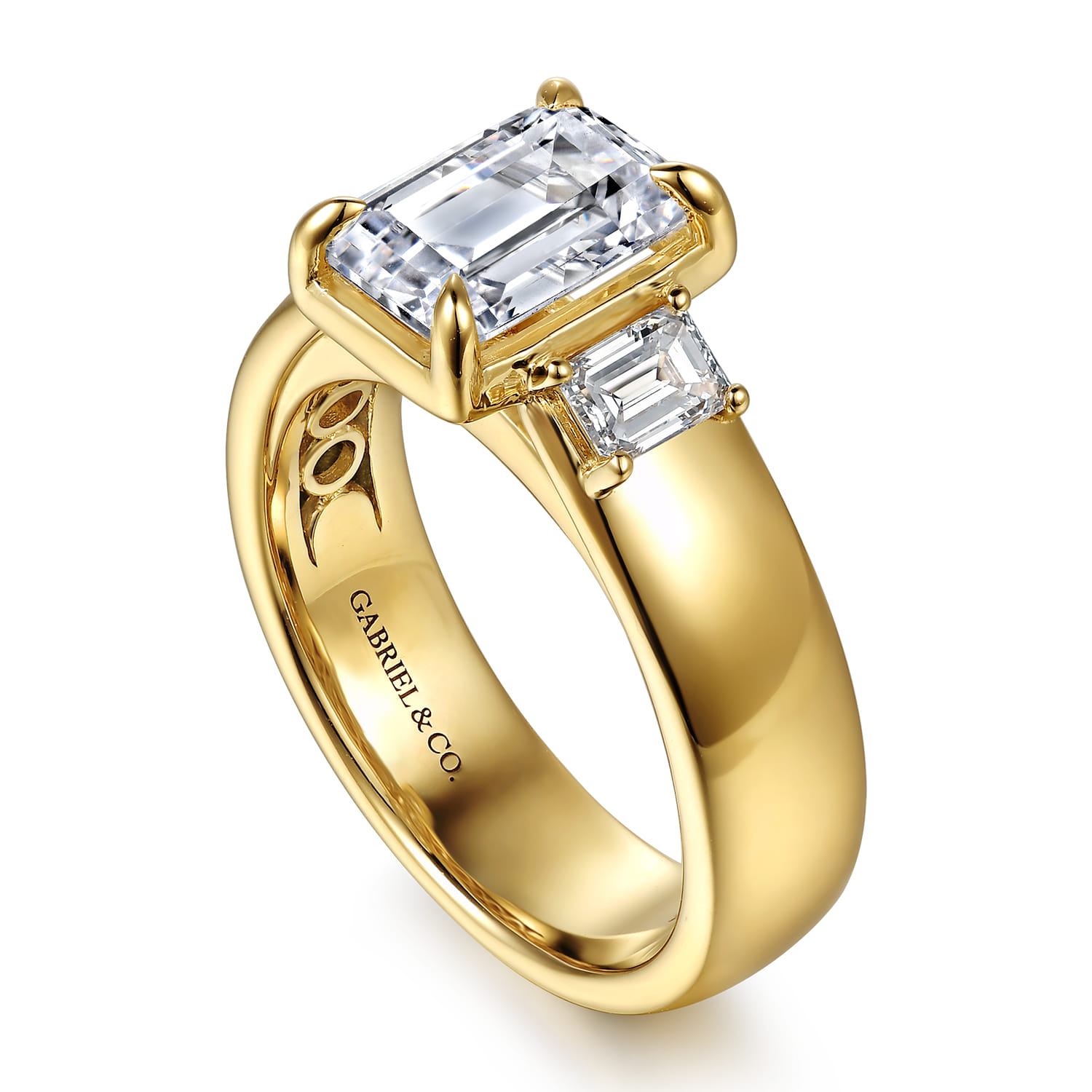 Emerald Three Stone Diamond Engagement Ring in 14K Yellow Gold, photograph 3