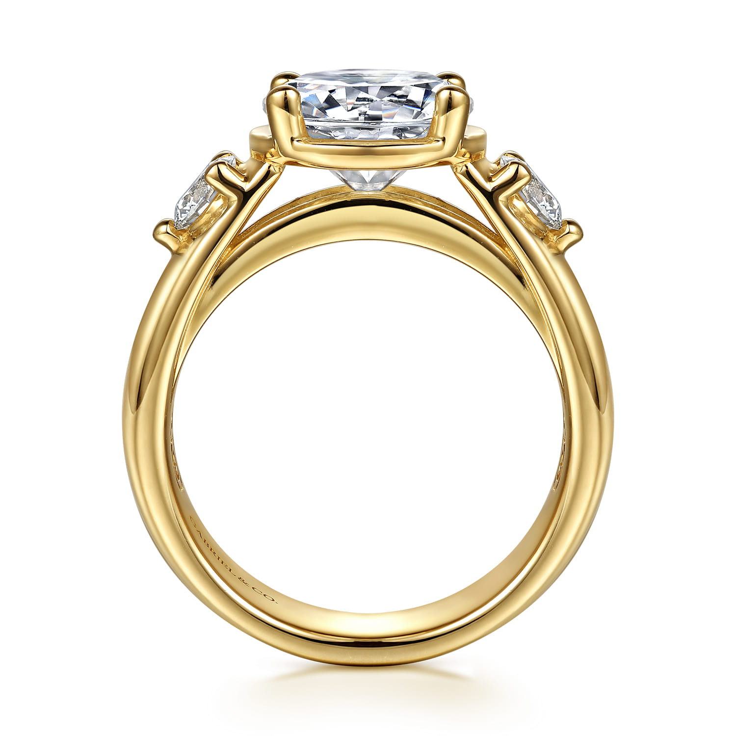 Round Three Stone Diamond Engagement Ring in 14K Yellow Gold, photograph 2
