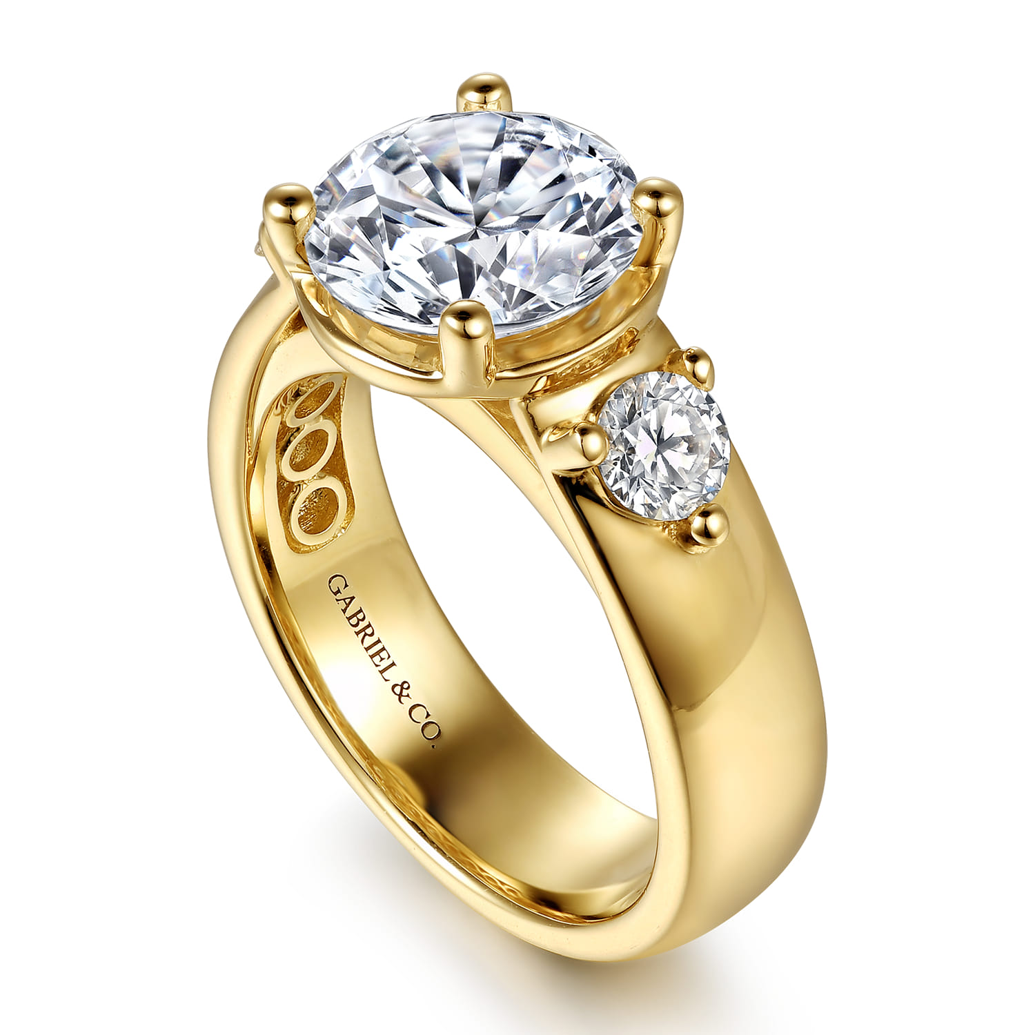 Round Three Stone Diamond Engagement Ring in 14K Yellow Gold, photograph 3