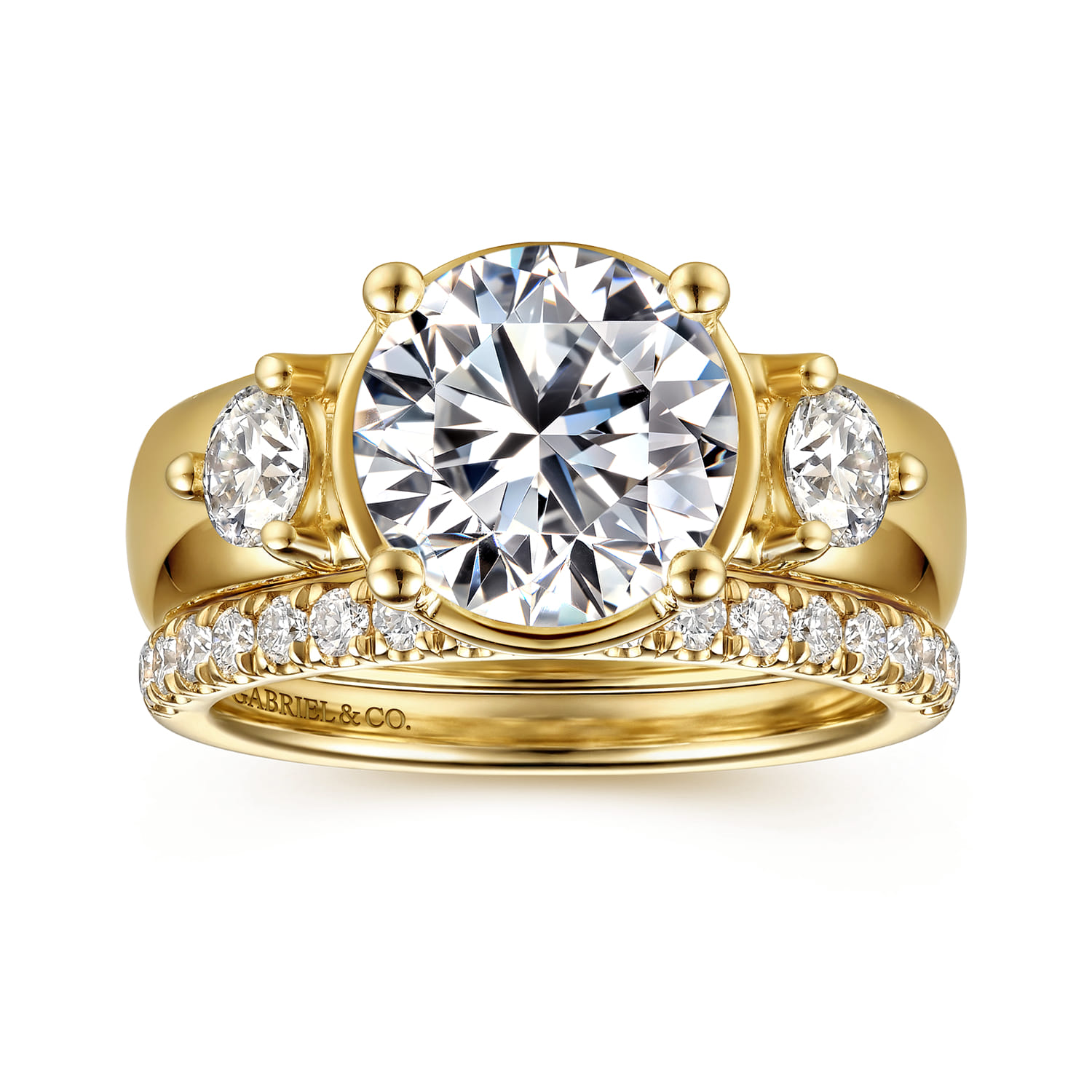 Round Three Stone Diamond Engagement Ring in 14K Yellow Gold, photograph 4