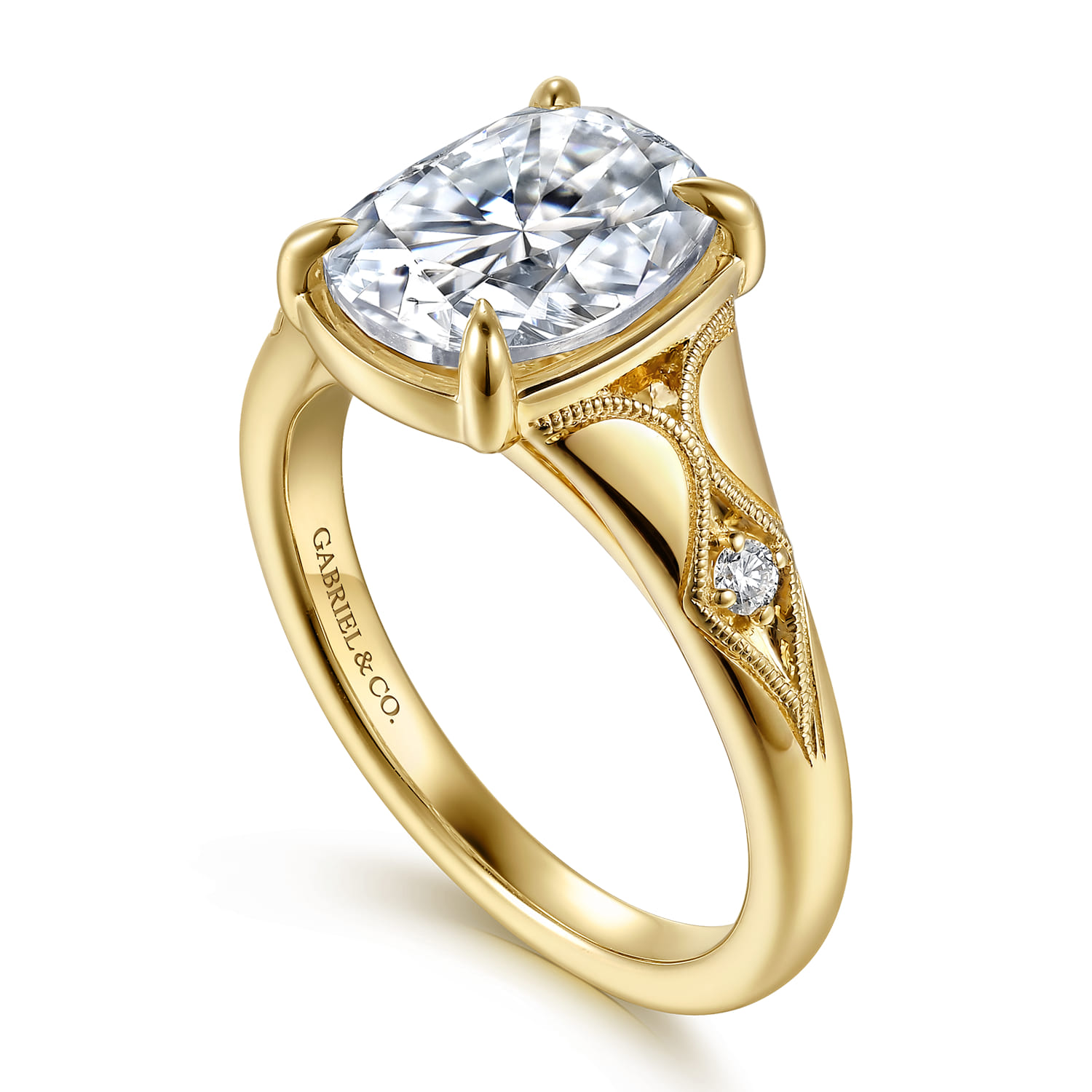 Elongated Cushion Vintage Inspired Diamond Engagement Ring in 14K Yellow Gold, photograph 3