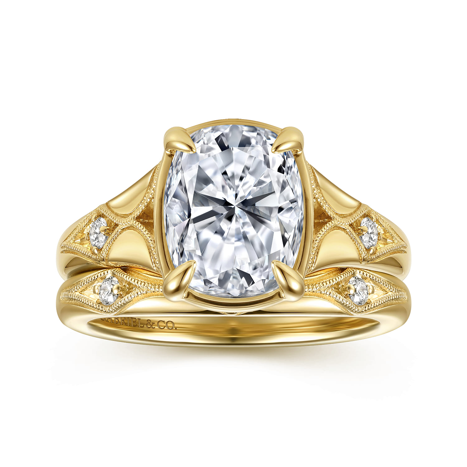 Elongated Cushion Vintage Inspired Diamond Engagement Ring in 14K Yellow Gold, photograph 4