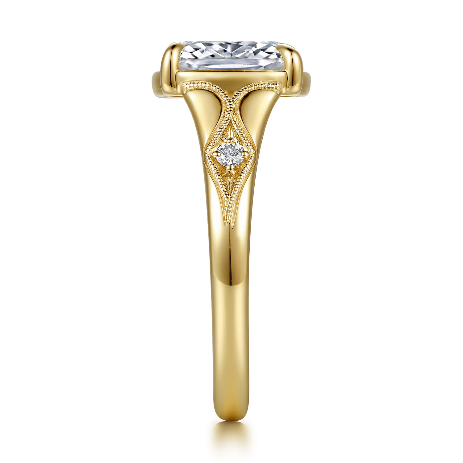 Elongated Cushion Vintage Inspired Diamond Engagement Ring in 14K Yellow Gold, photograph 5