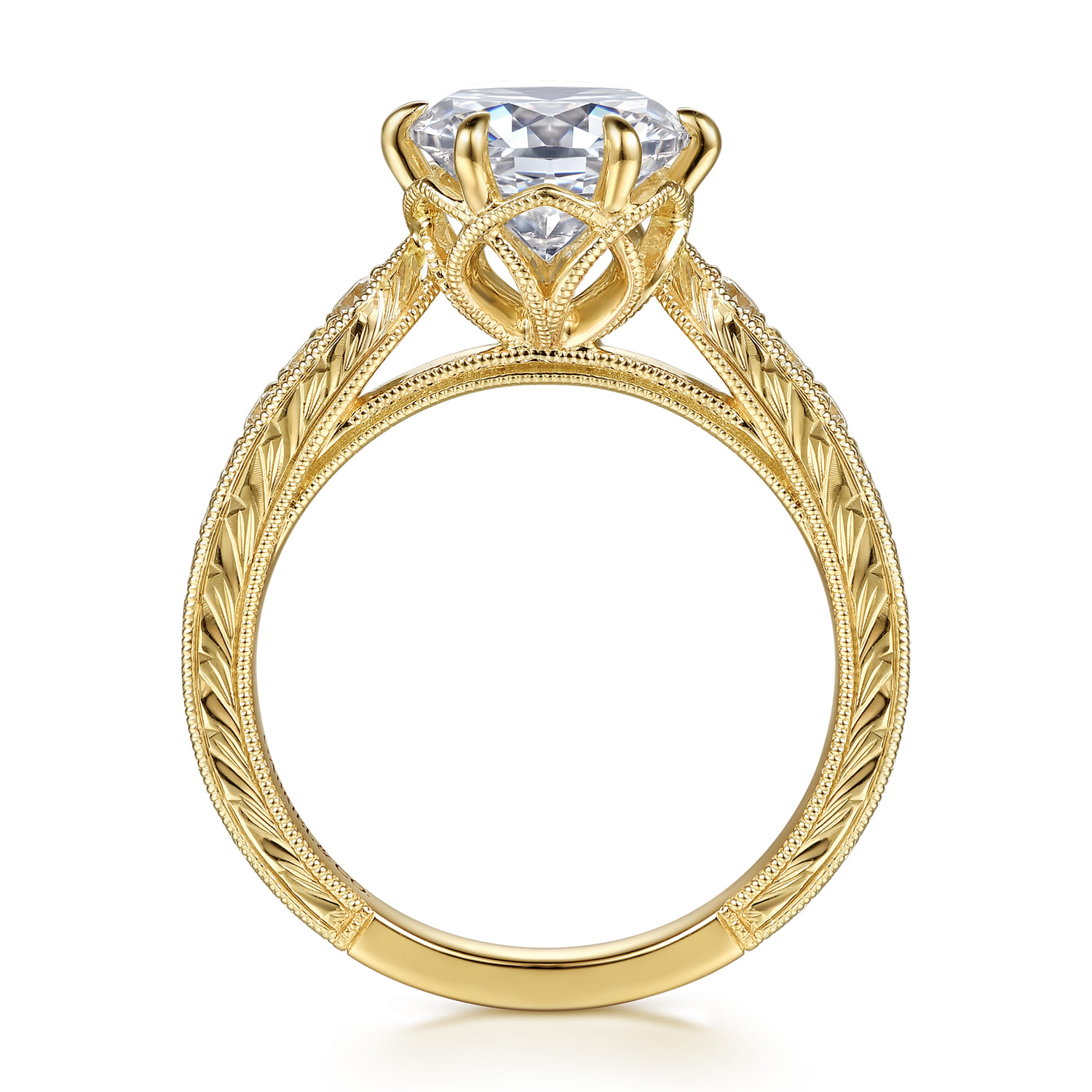Round Vintage Inspired Diamond Engagement Ring in 14K Yellow Gold, photograph 2