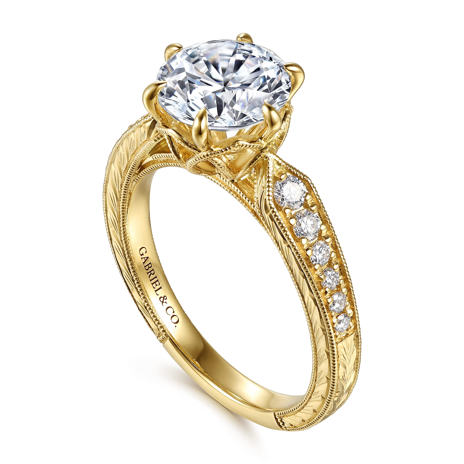 Round Vintage Inspired Diamond Engagement Ring in 14K Yellow Gold, photograph 3