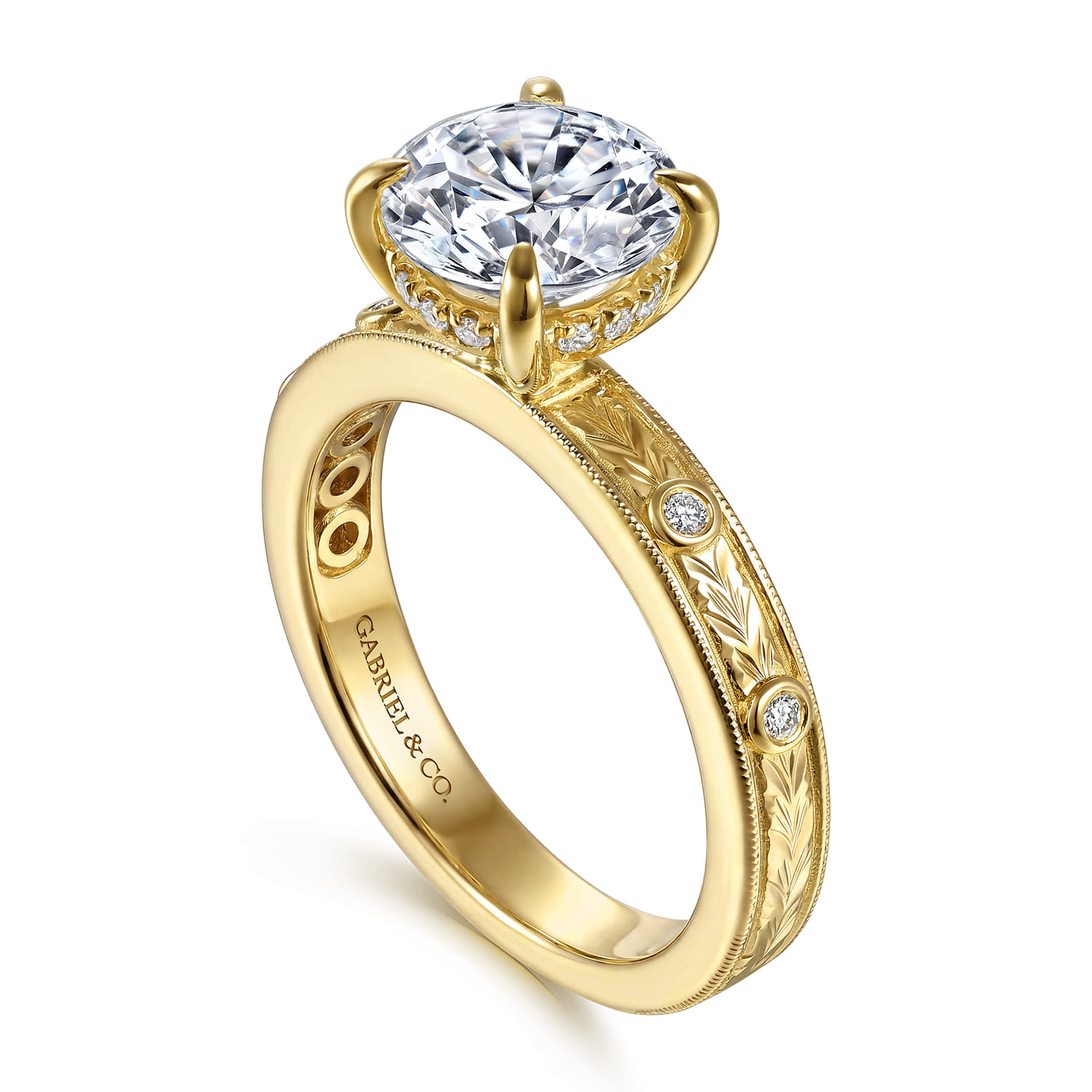 Round Vintage Inspired Diamond Engagement Ring in 14K Yellow Gold, photograph 3