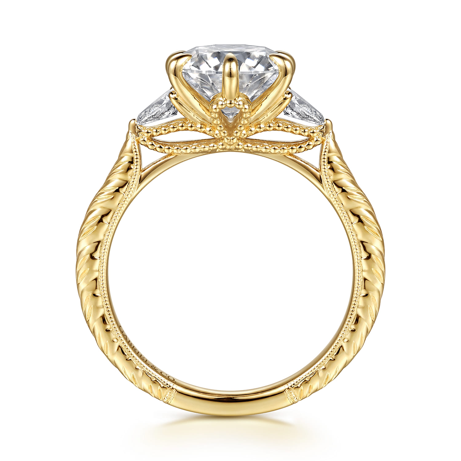 Round Vintage Inspired Three Stone Diamond Engagement Ring in 14K Yellow Gold, photograph 2