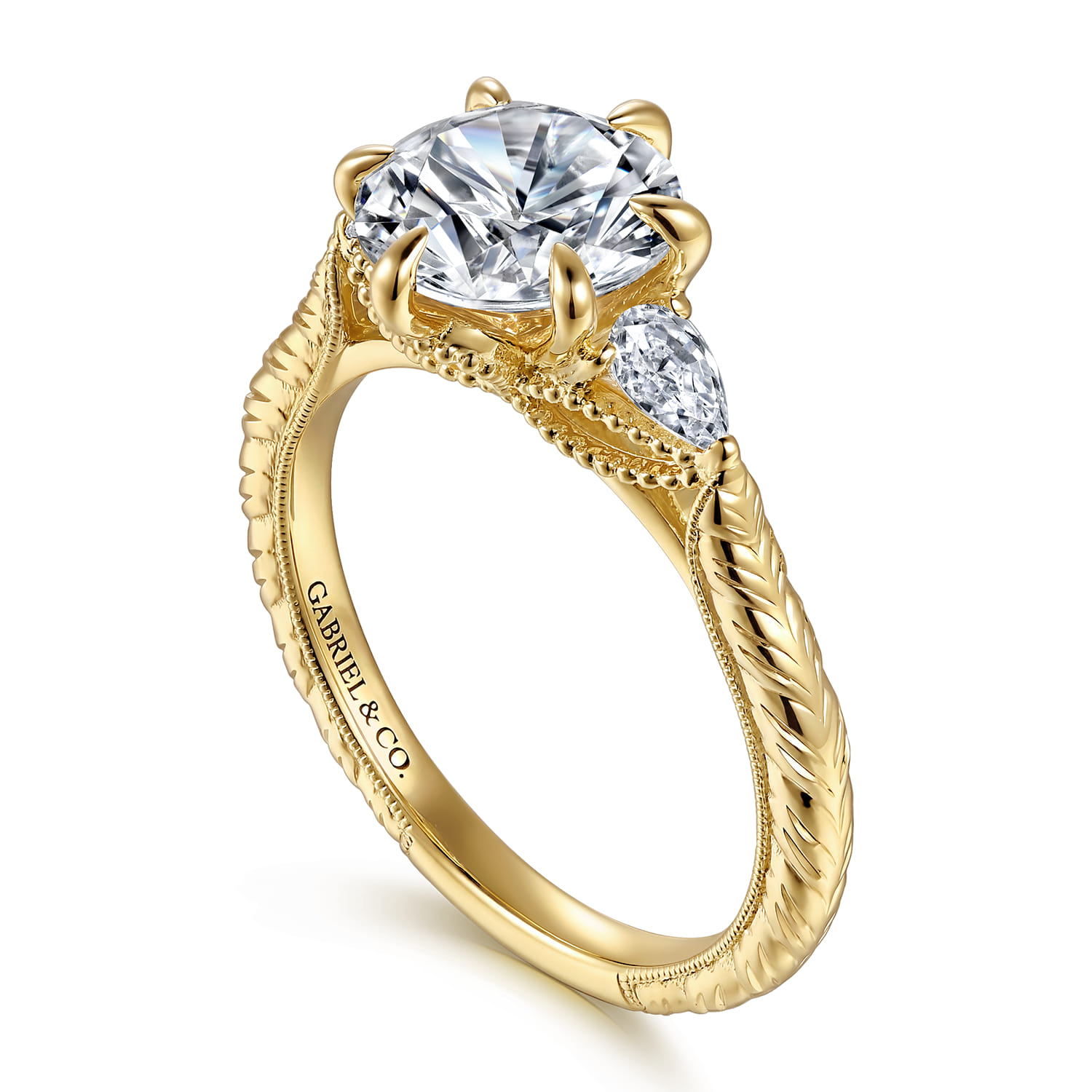 Round Vintage Inspired Three Stone Diamond Engagement Ring in 14K Yellow Gold, photograph 3