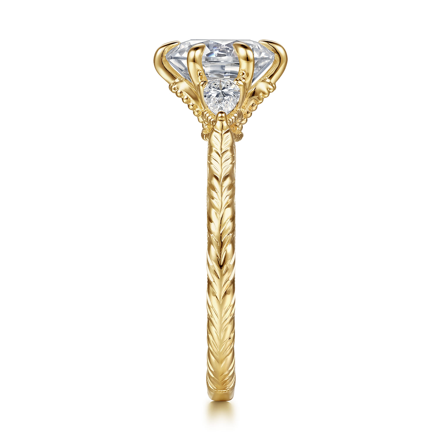 Round Vintage Inspired Three Stone Diamond Engagement Ring in 14K Yellow Gold, photograph 5