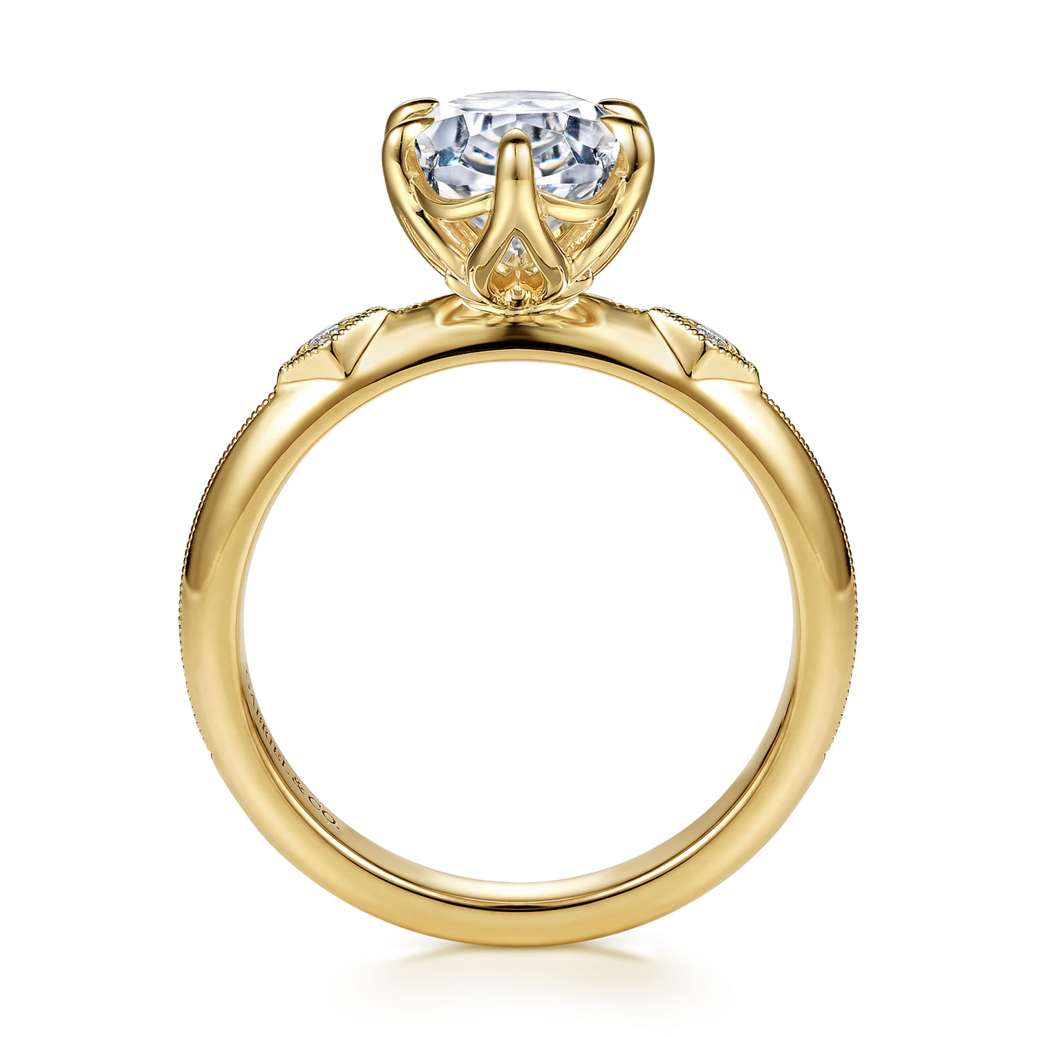 Oval Vintage Inspired Three Stone Diamond Engagement Ring in 14K Yellow Gold, photograph 2