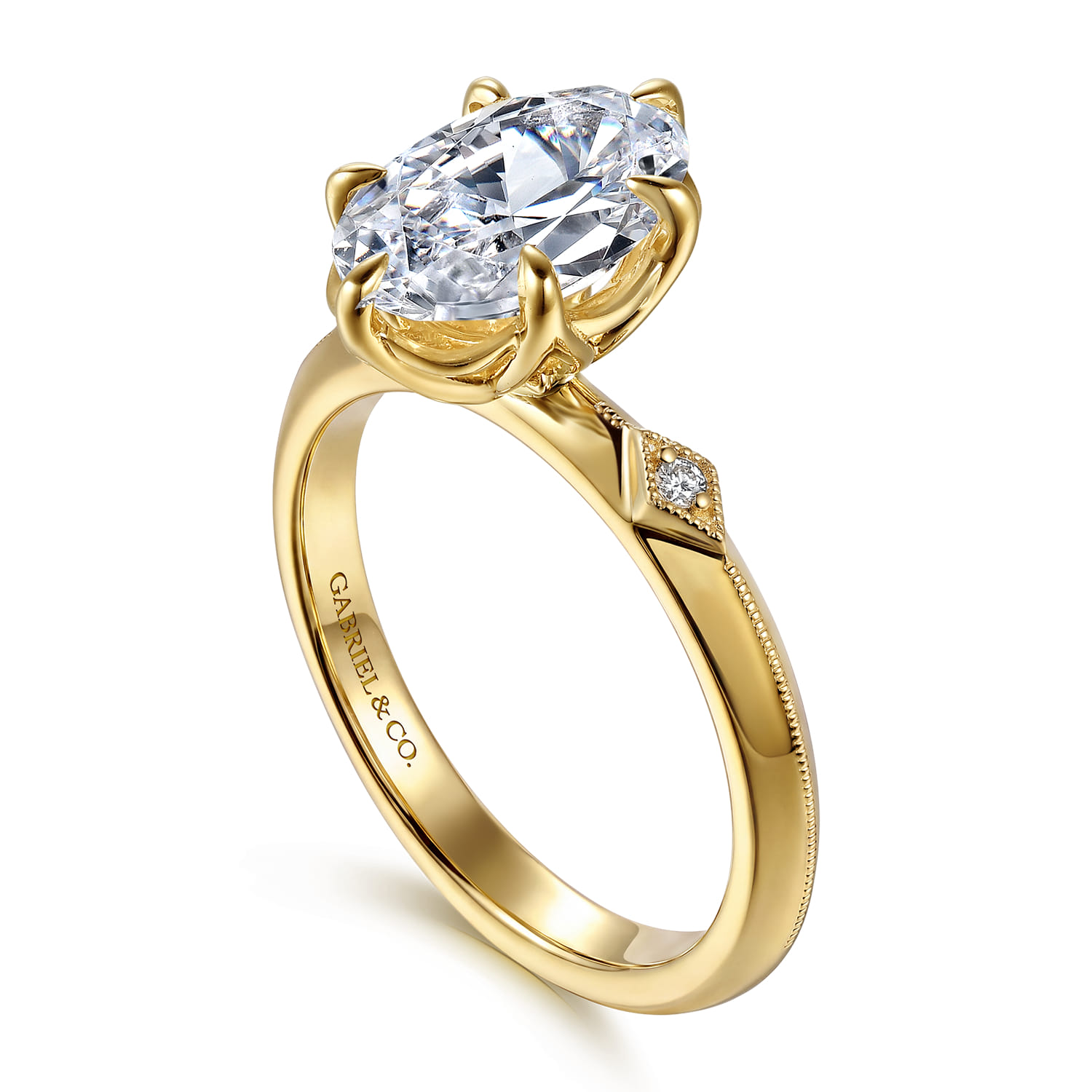 Oval Vintage Inspired Three Stone Diamond Engagement Ring in 14K Yellow Gold, photograph 3