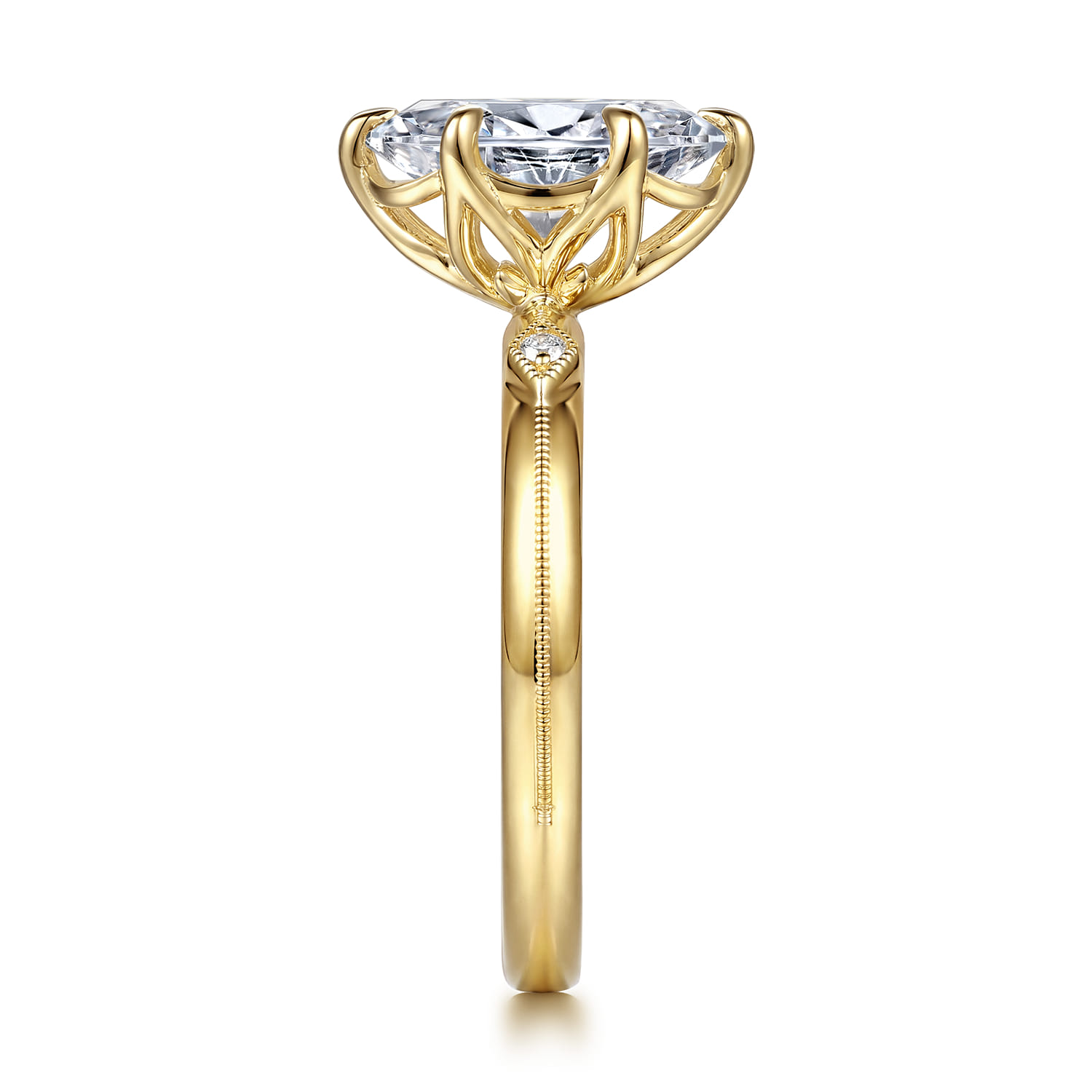 Oval Vintage Inspired Three Stone Diamond Engagement Ring in 14K Yellow Gold, photograph 4