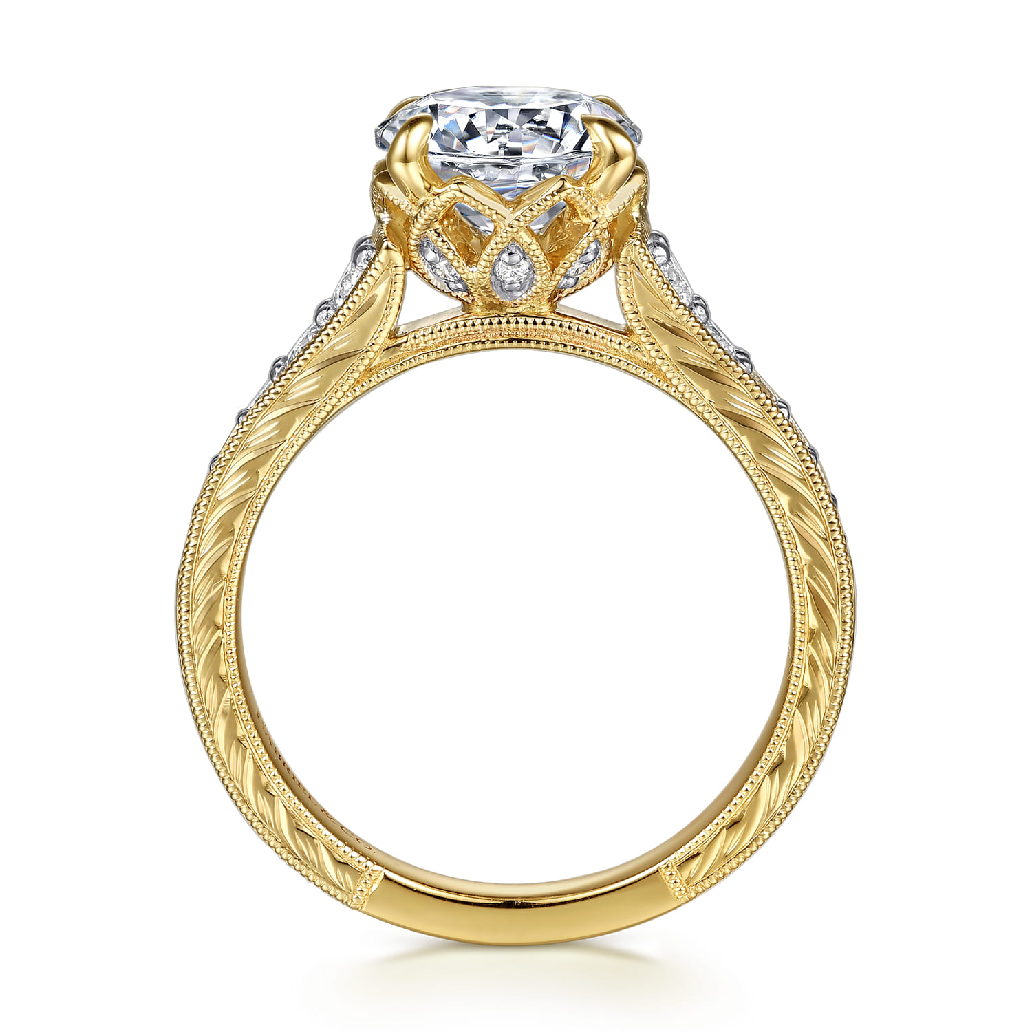 Round Vintage Inspired Diamond Engagement Ring in 14K Yellow Gold, photograph 2