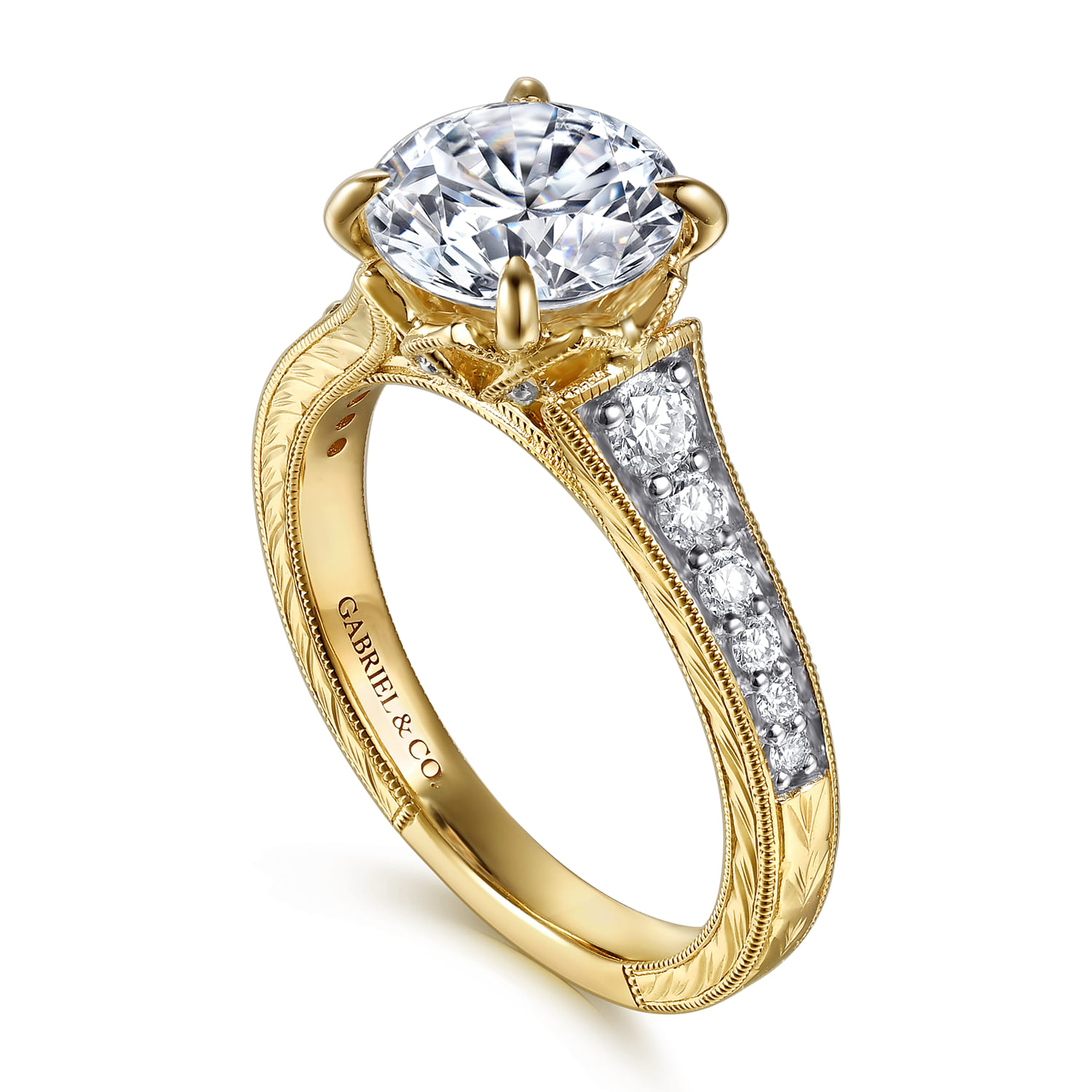 Round Vintage Inspired Diamond Engagement Ring in 14K Yellow Gold, photograph 3