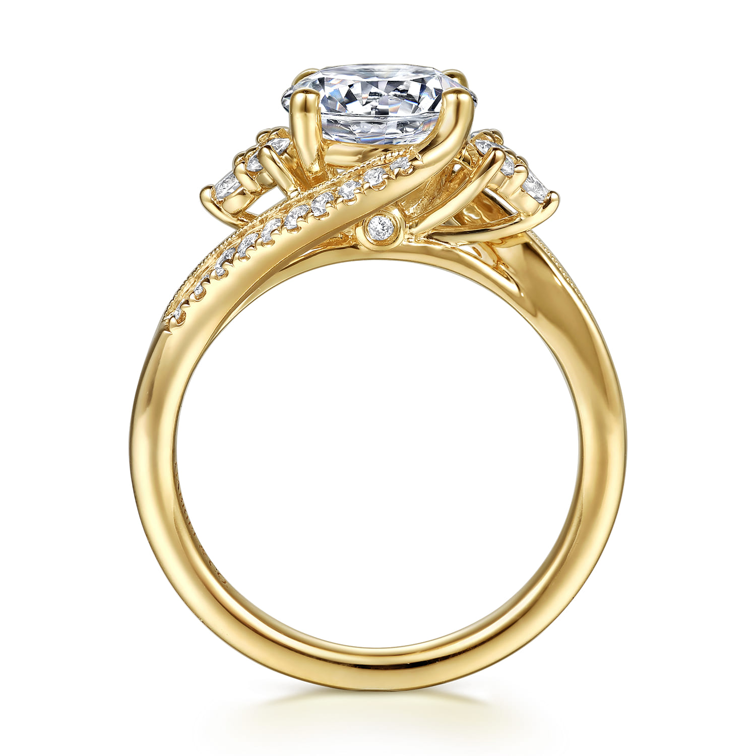 Round Vintage Inspired Bypass Diamond Engagement Ring in 14K Yellow Gold, photograph 2